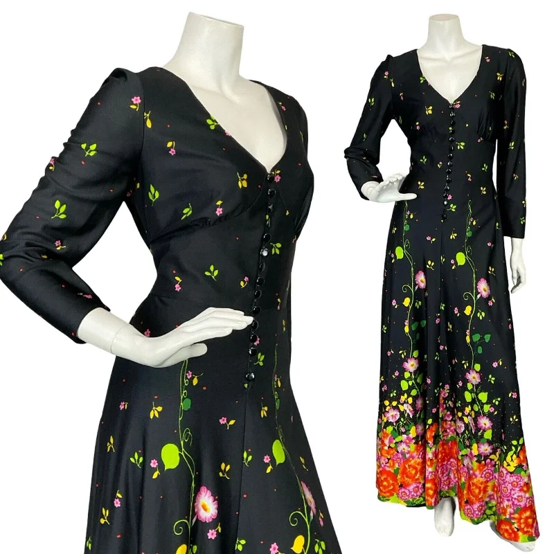 VTG 70S BLACK GREEN PINK ORANGE FLORAL PLUNGING NECK BUTTON UP MAXI DRESS 10 12 Elegant Maxi Dress with Pockets VTG 70S BLACK GREEN PINK ORANGE FLORAL PLUNGING NECK BUTTON UP MAXI DRESS 10 12 Elegant Maxi Dress with Pockets