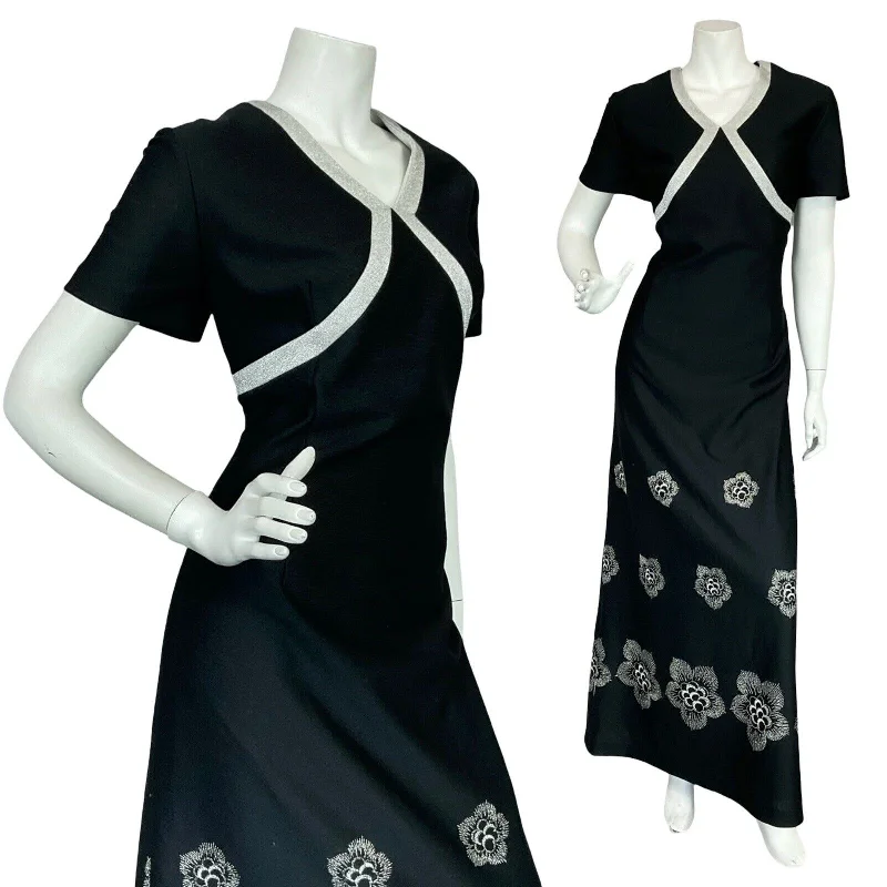 VTG 70S BLACK SILVER FLORAL EMBROIDERY EVENING PARTY SHORT SLEEVE MAXI DRESS 14 Comfortable Fitted Maxi Dress VTG 70S BLACK SILVER FLORAL EMBROIDERY EVENING PARTY SHORT SLEEVE MAXI DRESS 14 Comfortable Fitted Maxi Dress