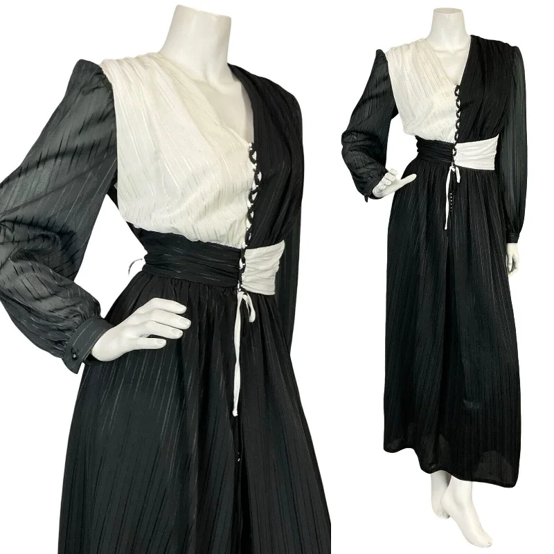 VTG 70S BLACK WHITE STRIPED DIAMANTE BRAIDED RUCHED EVENING MAXI DRESS 10 12 Fashionable High-Waist Maxi Dress