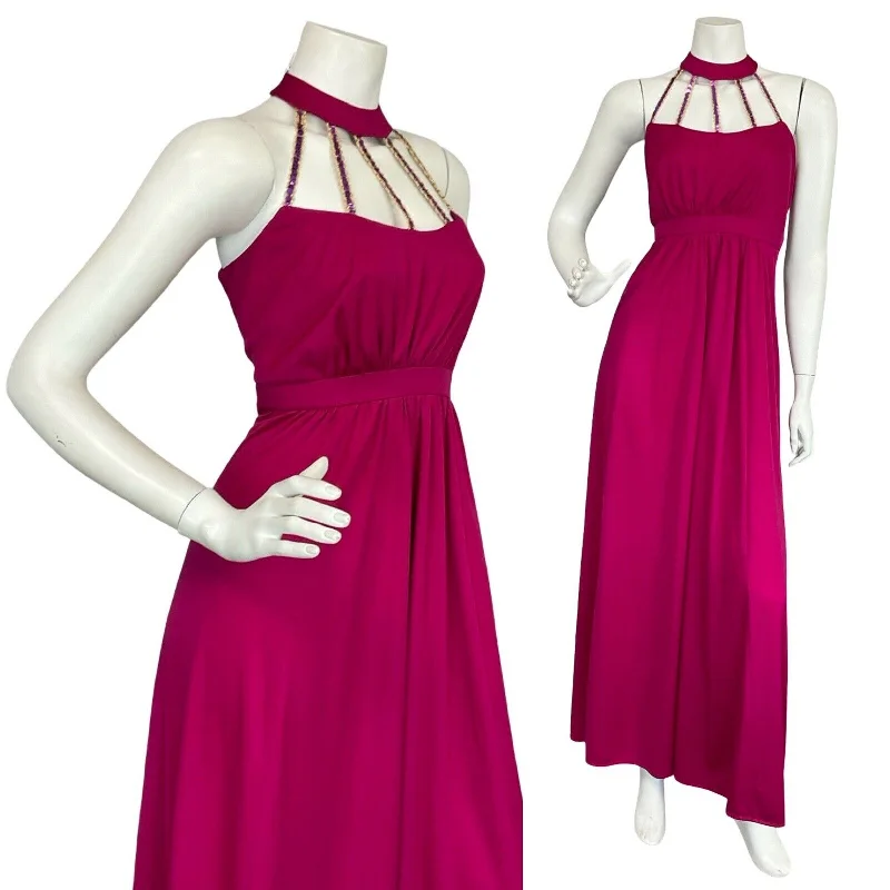 VTG 70S HOT PINK SEQUIN FLOATY STUDIO 54 DISCO HALTER NECK EMPIRE MAXI DRESS 12 Cozy Knitted Maxi Dress VTG 70S HOT PINK SEQUIN FLOATY STUDIO 54 DISCO HALTER NECK EMPIRE MAXI DRESS 12 Cozy Knitted Maxi Dress