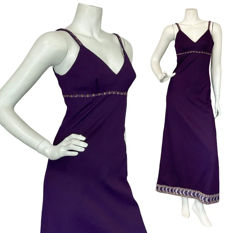 VTG 70S PURPLE GOLD SILVER CRESCENT MOON TRIM STRAP EVENING PARTY MAXI DRESS 6 8 Stylish V-Neck Maxi Dress VTG 70S PURPLE GOLD SILVER CRESCENT MOON TRIM STRAP EVENING PARTY MAXI DRESS 6 8 Stylish V-Neck Maxi Dress