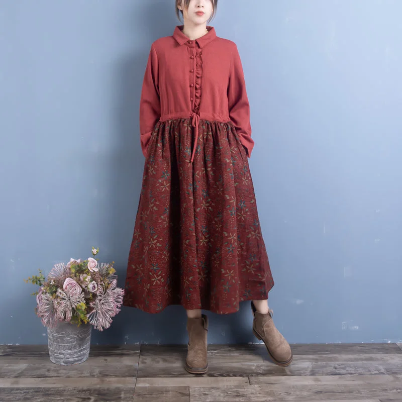 Women Autumn Retro Cotton Linen Patchwork Floral Maxi Dress Cozy Ruffle Sleeve Maxi Dress