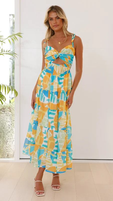 Yaritza Maxi Dress - Blue / Orange Print Cozy Spaghetti Strap Maxi Dress