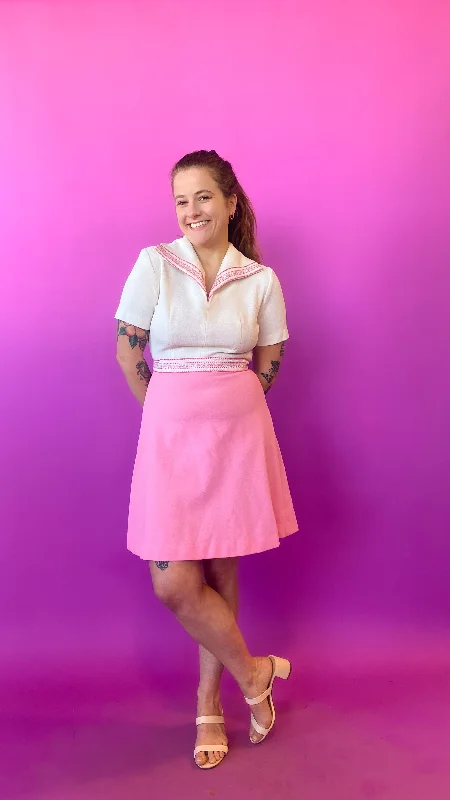 1970s White & Pink Sweetheart Mini Dress, sz. Medium Cozy Knit Mini Dress