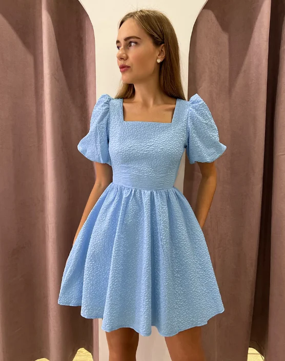 Chic Puff Sleeves Jacquard Flare Dress Elegant Lady Clubwear Summer Mini Dress Trendy Floral Mini Dress Chic Puff Sleeves Jacquard Flare Dress Elegant Lady Clubwear Summer Mini Dress Trendy Floral Mini Dress