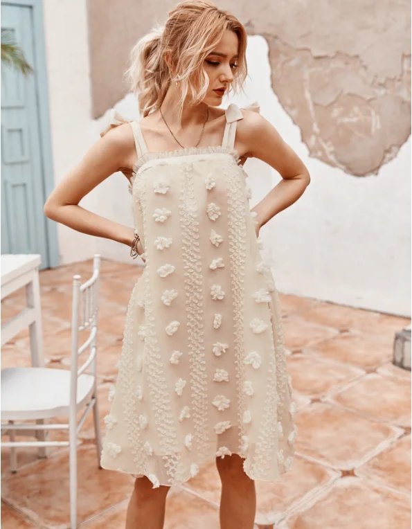Elegant Flower Embroidery Mini Dress Women Sexy Spaghetti Strap Summer Sundress Comfortable Off-Shoulder Mini Dress