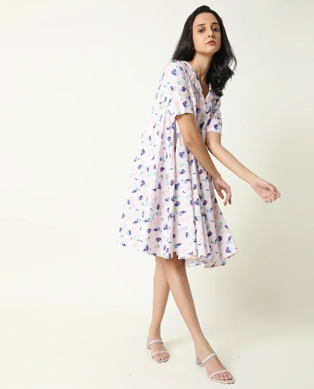 Rareism Women Allia Pink Printed Overlap Lapel Collar Short Sleeves Flared Mini Dress Trendy Crossover Mini Dress