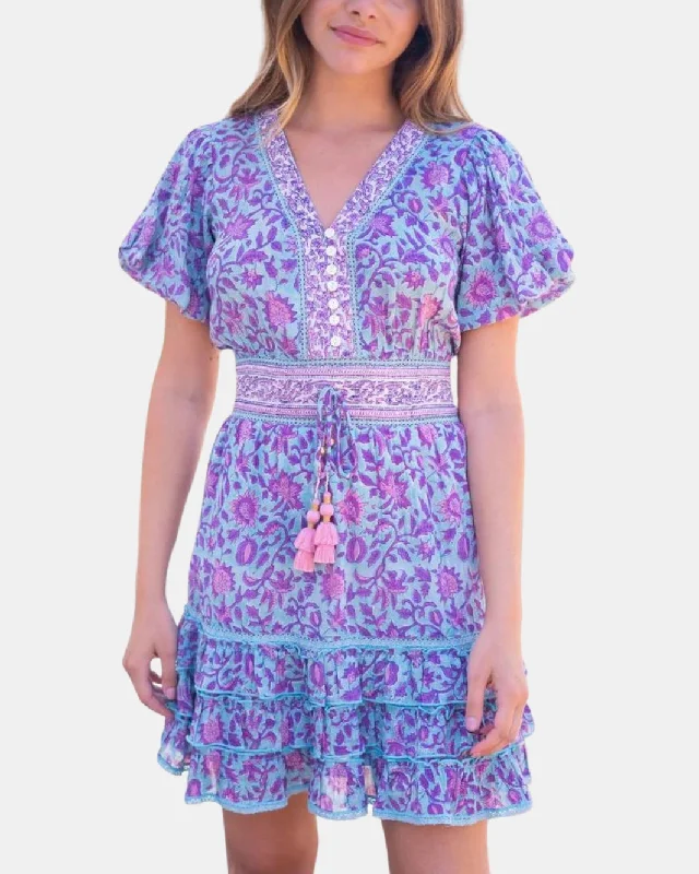 ANNALISE MINI DRESS IN TEAL PURPLE PRINT Elegant Sequin Mini Dress