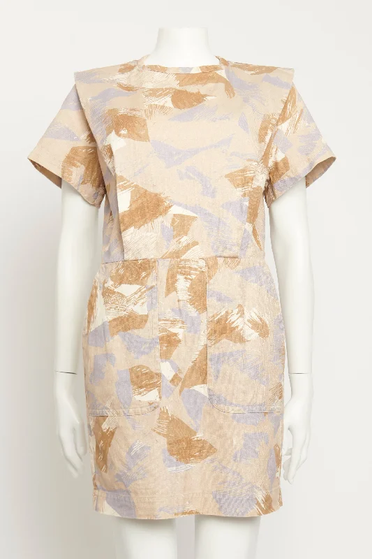 Beige Cotton & Linen Abstract Preowned Ilesa Mini Dress Chic Puff Sleeve Mini Dress