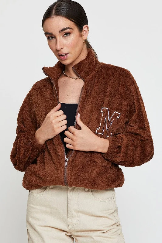Beige Teddy Jacket Long Sleeve Herringbone Jacket Houndstooth Jacket Plaid Jacket
