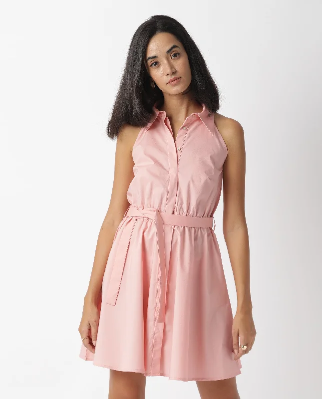 Rareism Women Bessie Peach Shirt Collar Sleeveless Fabric Waist Belt Mini Dress Elegant Satin Lace Mini Dress Rareism Women Bessie Peach Shirt Collar Sleeveless Fabric Waist Belt Mini Dress Elegant Satin Lace Mini Dress
