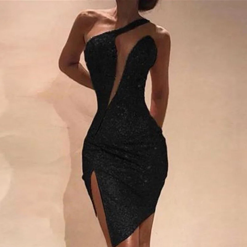 Plus Size Women's Dresses Sexy Clod Shoulder Sequins Split Sleeveless Nightclub Party Sleeveless Mini Dress For Women Fashionable Boho-Chic Mini Dress