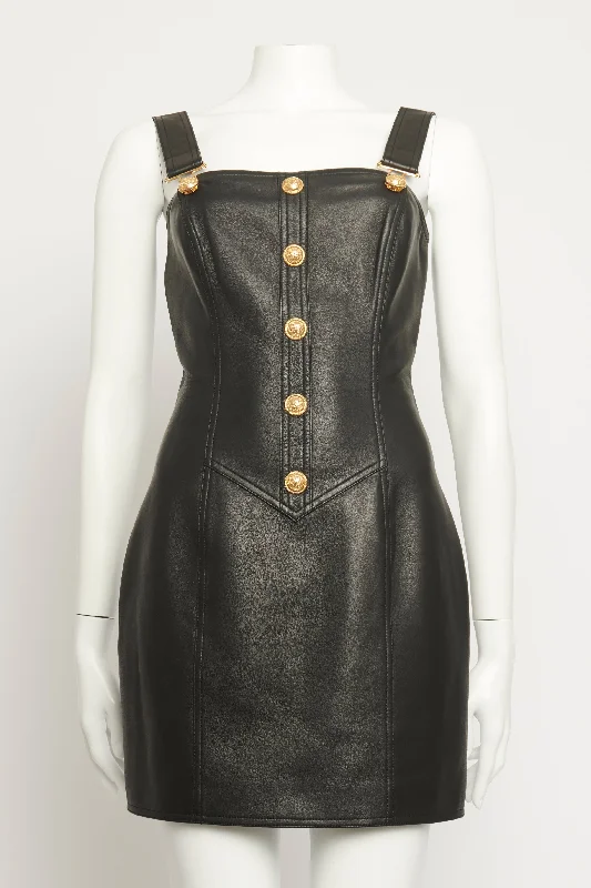 Black Leather Preowned Mini Dress Comfortable Smocked Mini Dress