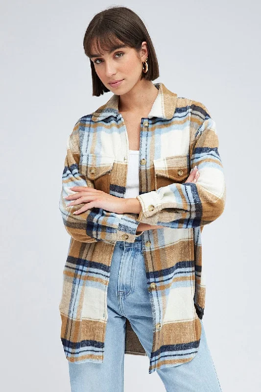 Brown Check Long Checked Print Jacket Long Sleeves Jacket Blazer Coat