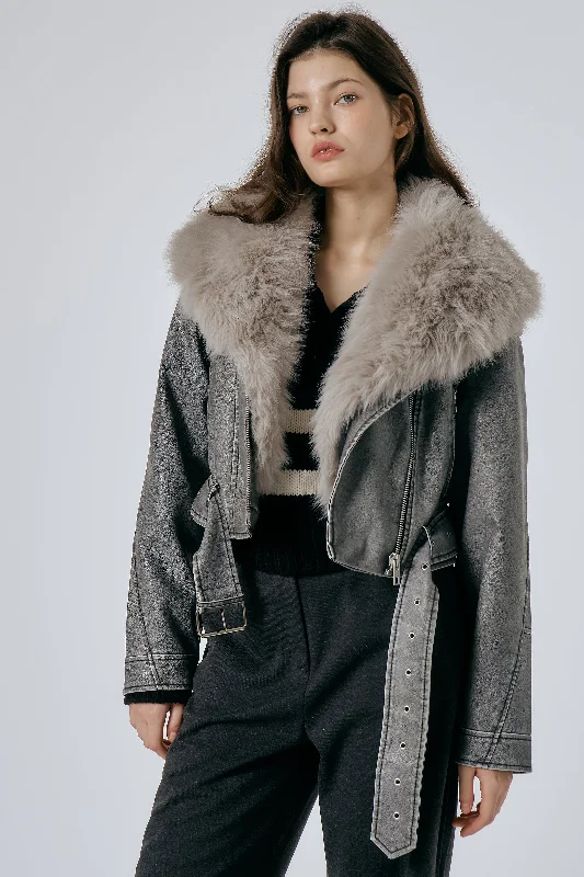 Celina Detachable Fur Rider Jacket Toggled Jacket Drawstring Jacket Belted Jacket