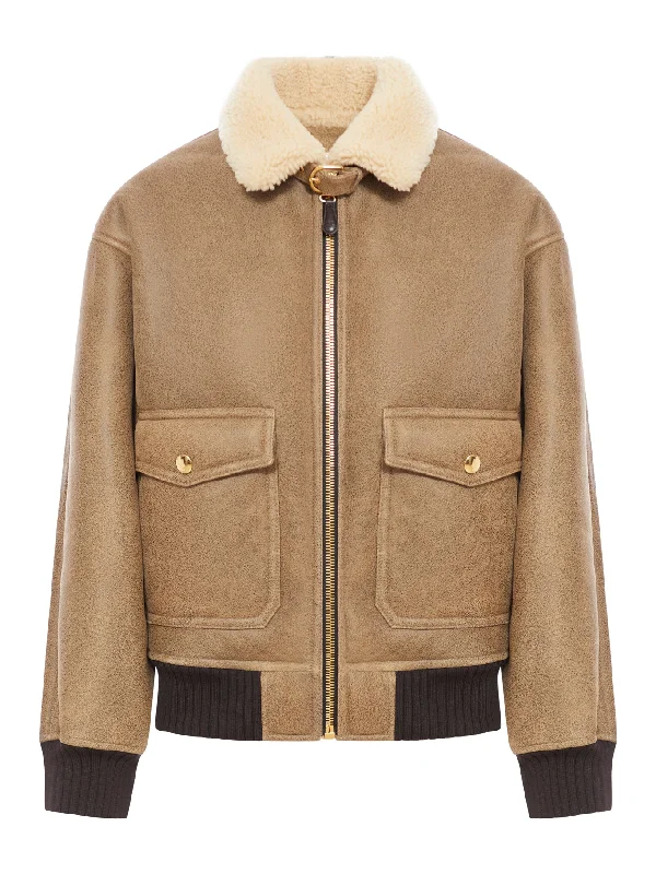 Shearling and leather aviator jacket Welt Pockets Slit Pockets Flap Pockets