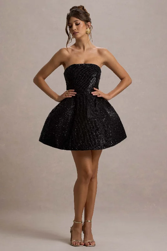 Clarabell | Black Sequin Bandeau Structured Mini Dress Trendy Crossover Mini Dress