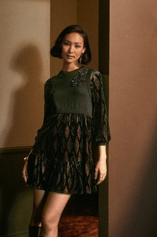 Contrast Velvet Foil Mini Dress Fashionable Mini Dress with Slits