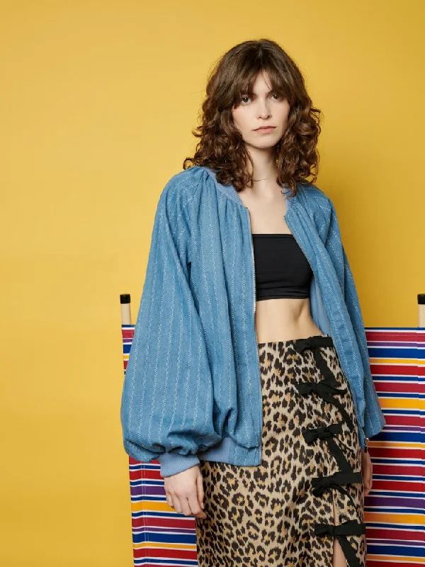 Deborah Striped Denim Bomber Jacket Zippered Jacket Buttoned Jacket Snapped Jacket