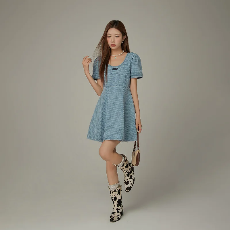 Puff Sleeve Denim Mini Dress Cozy Long Sleeve Mini Dress