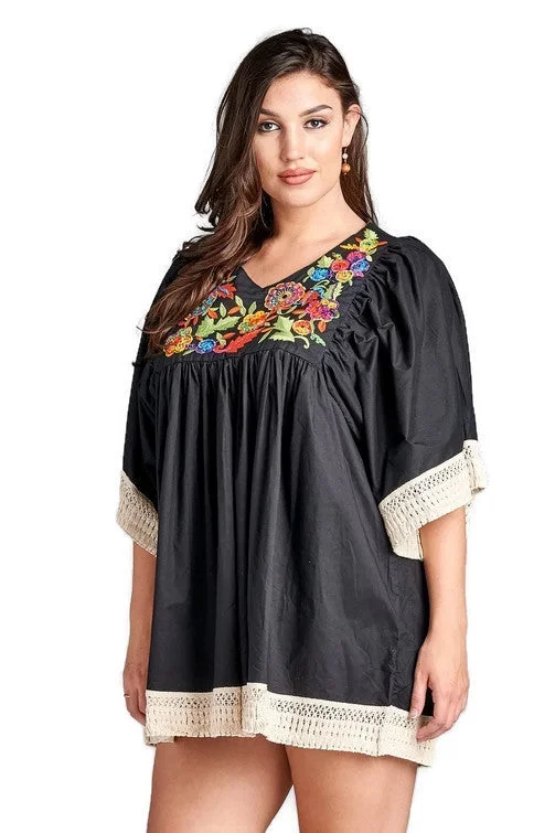 Embroidered Crochet Babydoll Mini Dress, Black Fashionable A-Line Mini Dress