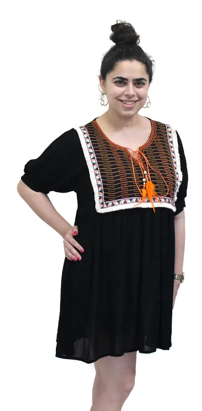 Embroidered & Fringed Short Sleeve Mini Dress, Black Comfortable Wrap Mini Dress