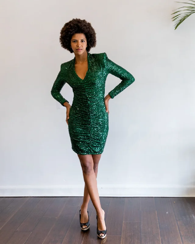 Smythe V Neck Mini Dress in Emerald Sequin Chic Pleated Mini Dress
