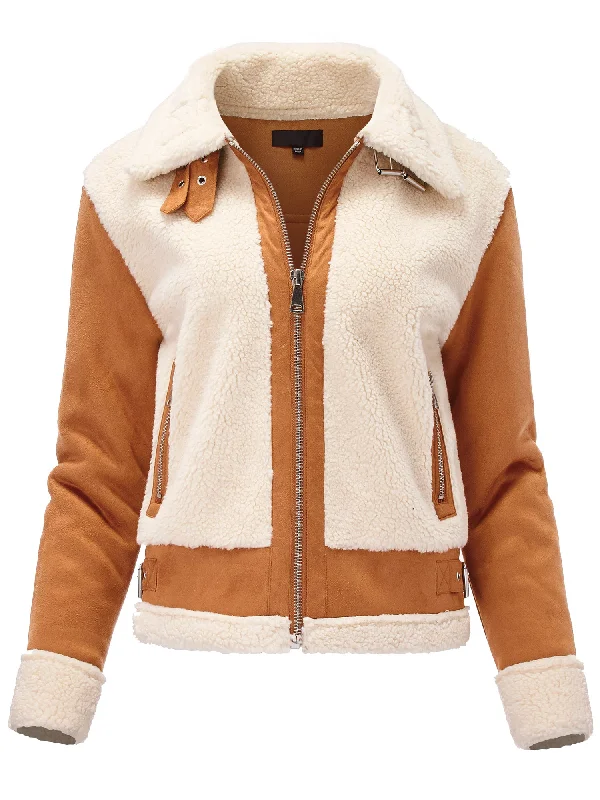 Women's Faux Leather Sherpa Suede Biker Jacket (FWJ1150) Cardigan Sweater Pullover