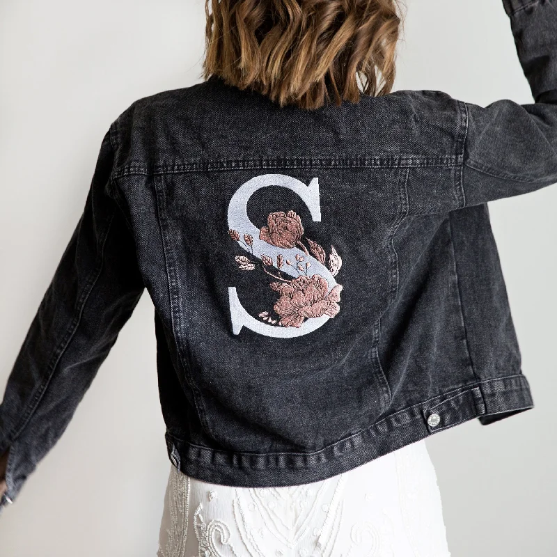Floral Initial Denim Jacket Cardigan Sweater Pullover