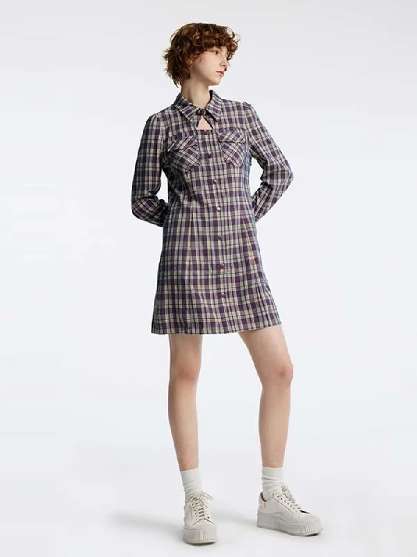 Gathered Waist Plaid Mini Dress Stylish Puff Sleeve Mini Dress