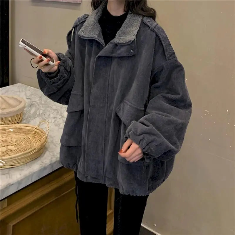 Getadme Oversized Jackets Women Corduroy Plus Velvet Thick Coat Loose Lamb Wool Jacket Autumn Winter 2024 New Retro Clothes Womens Coats Rayon Jacket Velvet Jacket Corduroy Jacket