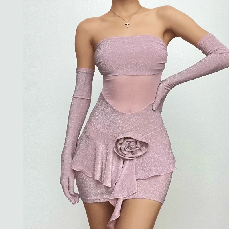 Gloves flower applique mesh patchwork ruched tube mini dress Chic Sleeveless Mini Dress Gloves flower applique mesh patchwork ruched tube mini dress Chic Sleeveless Mini Dress