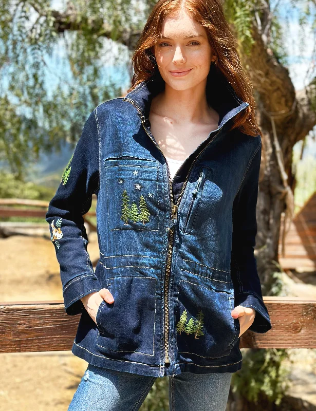 Happy Trees Embroidered Jacket Zip Front Button Front Snap Front
