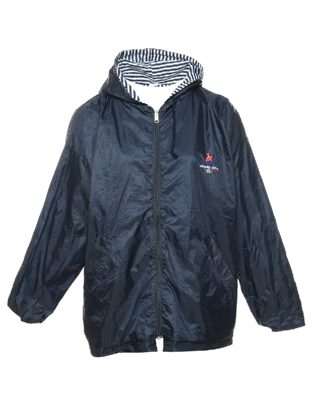 Hooded Navy Athens 2004 Nylon Jacket - L Notch Collar Peter Pan Collar Cowl Neck