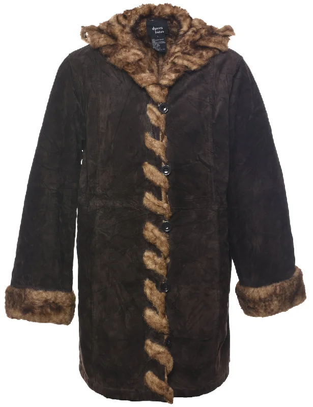 Hooded Shearling Suede Jacket - L Quilted Jacket Puffer Jacket Insulated Jacket