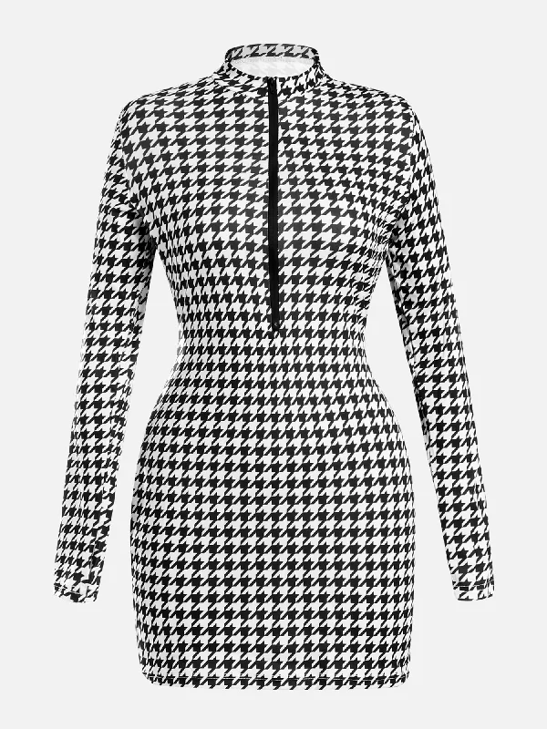 Houndstooth Printed Half-Zipped Mini Dress Classic Floral Mini Dress