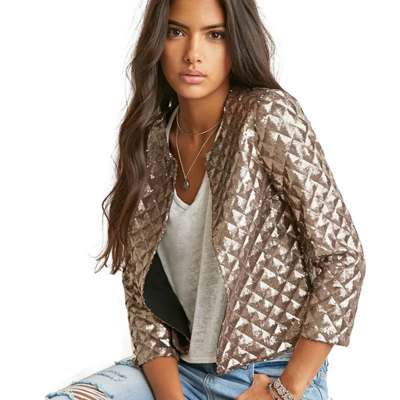 Spring Style Vogue Lozenge Women Gold Sequins Jackets Three quater sleeve Fashion Coats Outwears Jacket Blazer Coat Spring Style Vogue Lozenge Women Gold Sequins Jackets Three quater sleeve Fashion Coats Outwears Jacket Blazer Coat