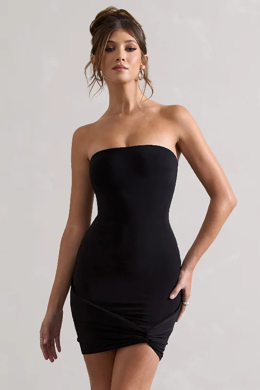 Jamie | Black Strapless Mini Dress With Knot Skirt Comfortable Shift Mini Dress