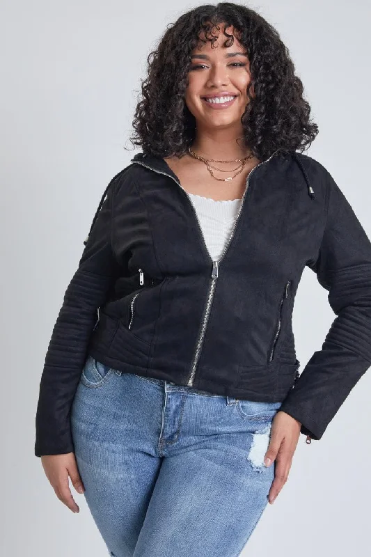 Women's Plus Faux Suede Jacket with Detachable Hoodie Zip Front Button Front Snap Front Women's Plus Faux Suede Jacket with Detachable Hoodie Zip Front Button Front Snap Front