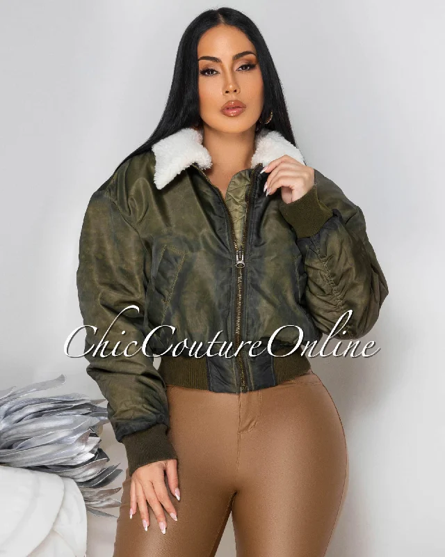 Kaory Olive Green Shearling Bomber Jacket Notch Collar Jacket Peter Pan Collar Jacket Cowl Neck Jacket Kaory Olive Green Shearling Bomber Jacket Notch Collar Jacket Peter Pan Collar Jacket Cowl Neck Jacket