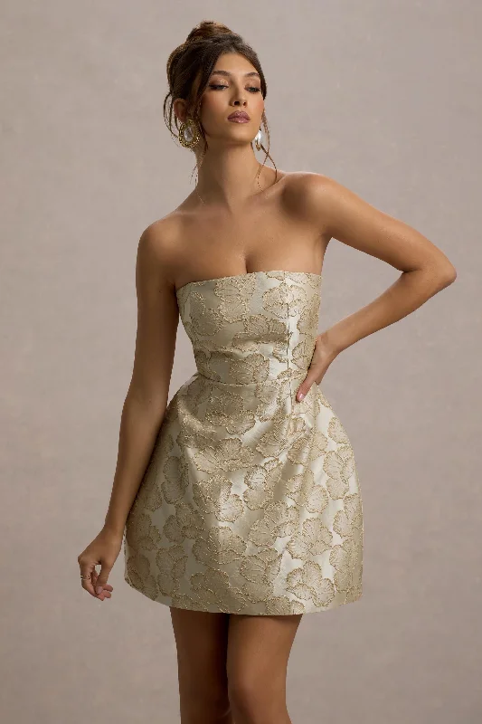 Kika | Gold Metallic Jacquard Bandeau Mini Dress Fashionable Denim Mini Dress