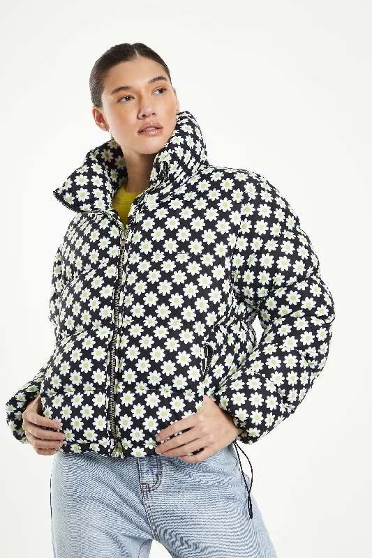 Glamorous Sixties Flower Puffa Jacket Front Pockets Side Pockets Patch Pockets