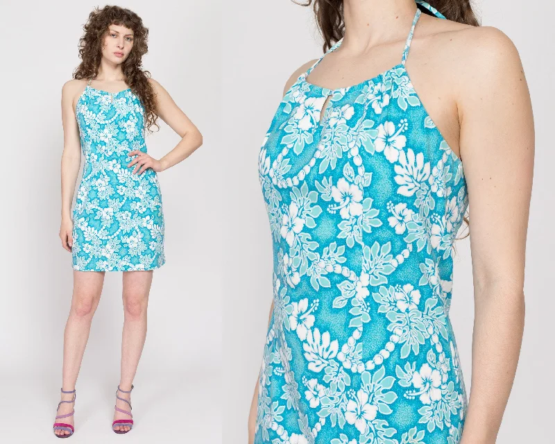 Large 90s Blue & White Floral Halter Mini Dress Stylish Short Sleeve Mini Dress