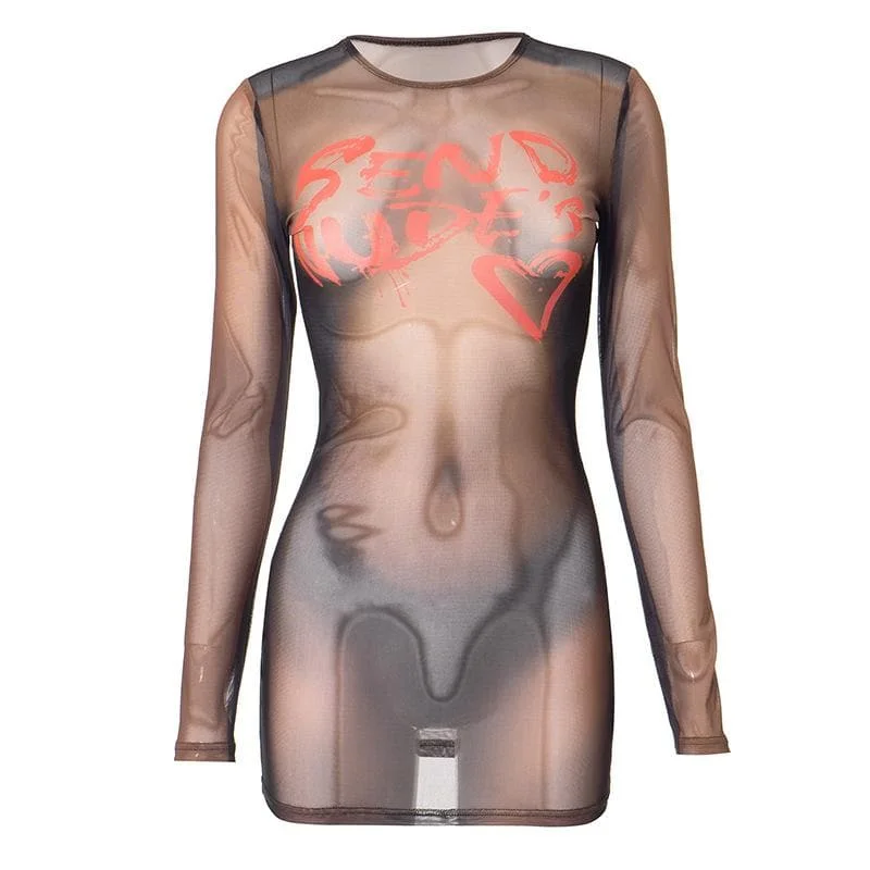 Long sleeve body print sheer mesh crewneck mini dress Fashionable A-Line Mini Dress