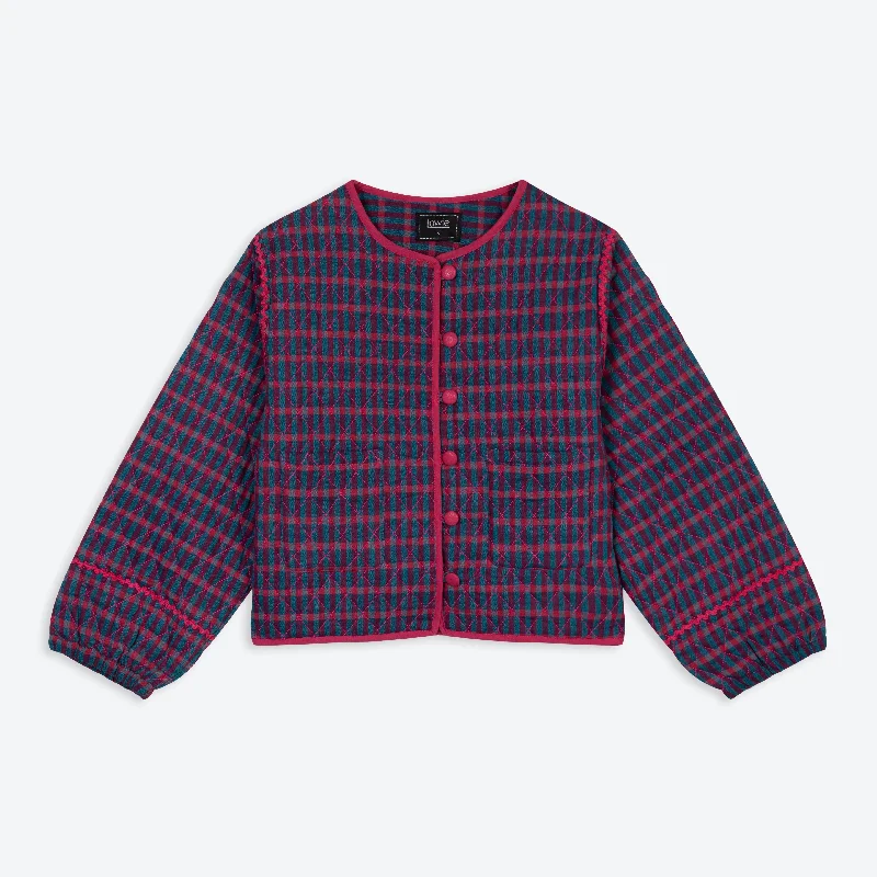 Lowie Teal and Red Check Quilted Jacket One-Shoulder Jacket Off-the-Shoulder Jacket Asymmetrical Jacket Lowie Teal and Red Check Quilted Jacket One-Shoulder Jacket Off-the-Shoulder Jacket Asymmetrical Jacket