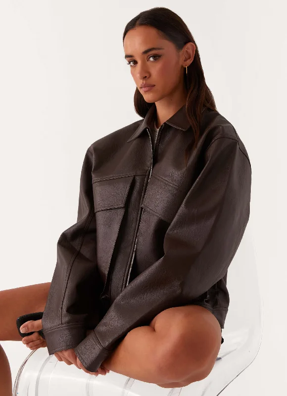 Lula Faux Leather Bomber Jacket - Chocolate Cotton Jacket Linen Jacket Terry Jacket Lula Faux Leather Bomber Jacket - Chocolate Cotton Jacket Linen Jacket Terry Jacket