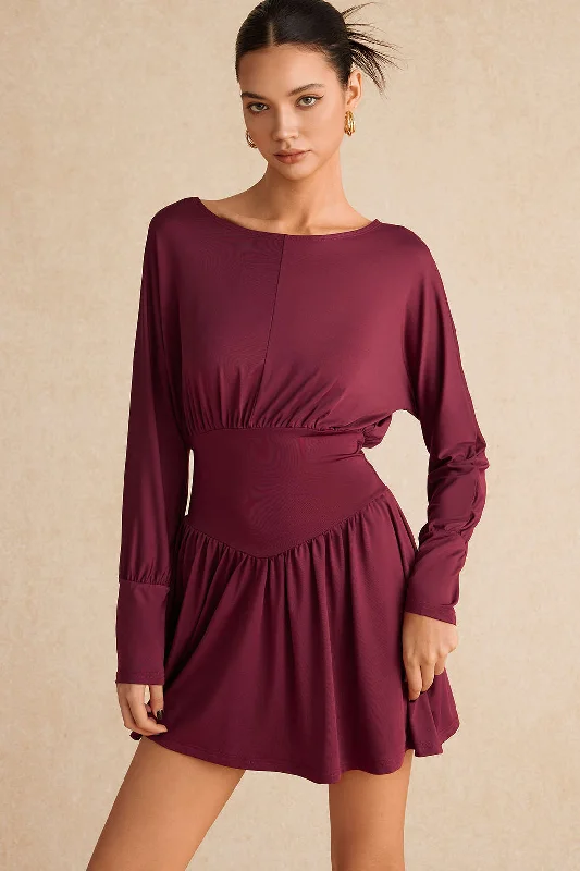 Ruched Long Sleeve Retro Mini Dress Cozy Ribbed Mini Dress