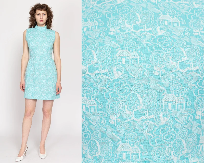 Medium 60s 70s Blue Village Novelty Print Mini Dress Comfortable Fit-and-Flare Mini Dress