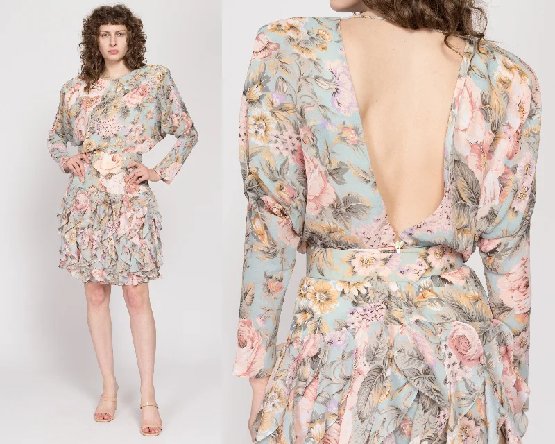 Medium 80s Floral Keyhole Back Ruffle Mini Dress Trendy Tulle Mini Dress