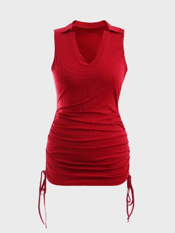 Midsize Hottie V-Neck Ribbed Side Tie Mini Dress Casual V-Neck Mini Dress